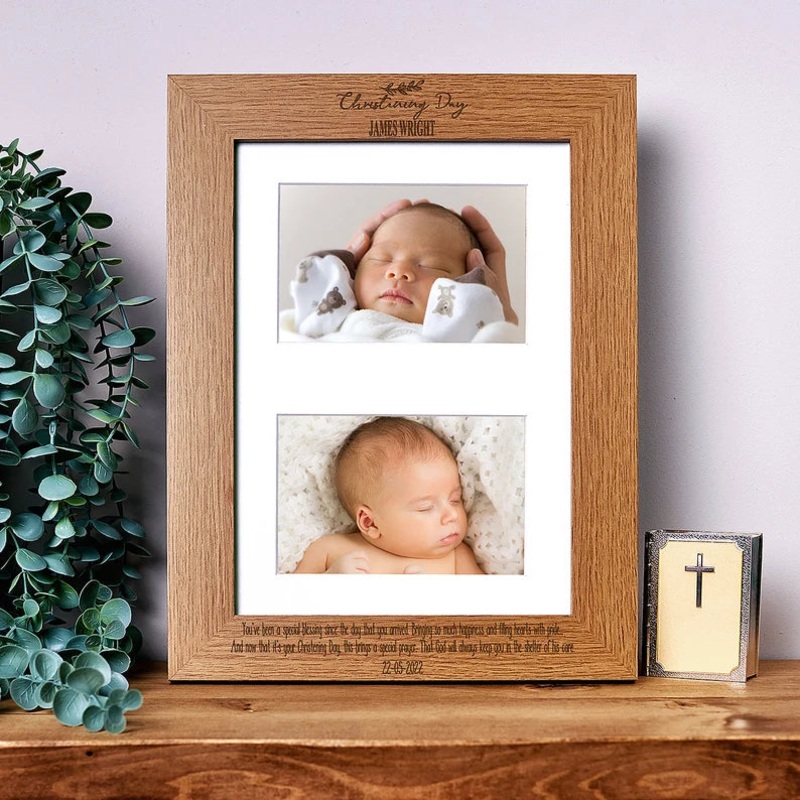 Christening Photo Frame Landscape Double 6×4 Inch Brown Personalised