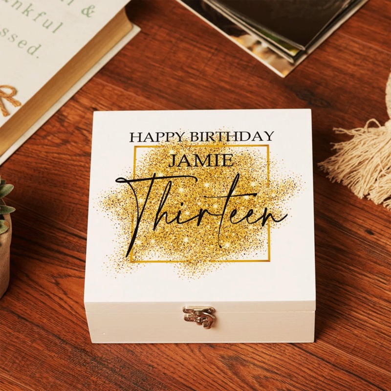 Personalised 13th Birthday Gift Keepsake Wooden Box With Gold Sparkles Design (Medium)