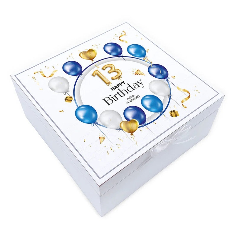 Personalised 13th Birthday Vintage Wooden Box Gift With Blue Balloons