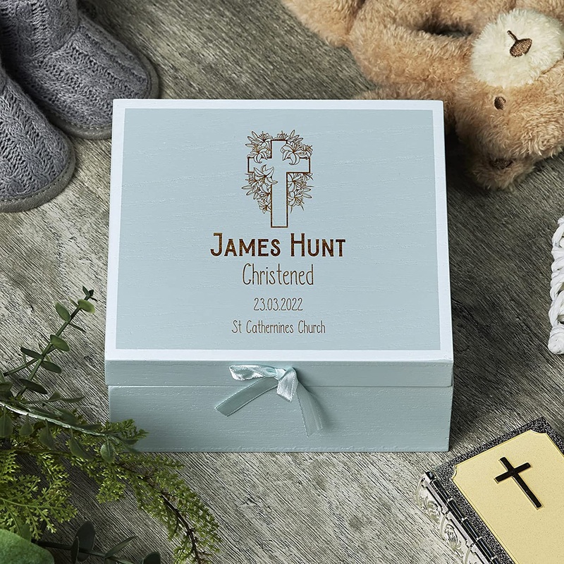 Personalised Christening Blue Keepsake Box With Cross Design