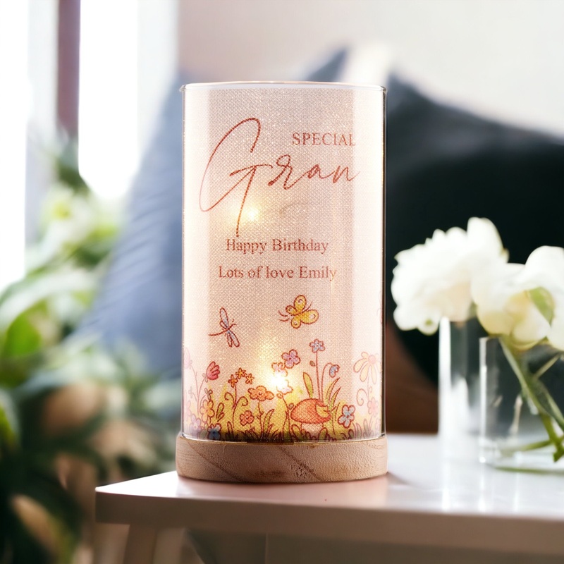 Personalised Gran Gift Floral Lamp With Wood Base LED Night Light