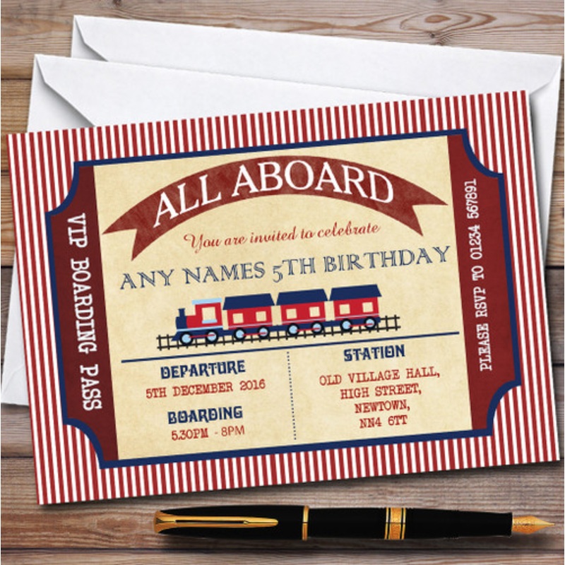 Red and Blue Boarding Pass Train Children’s Birthday Party Invitations – The Card Zoo