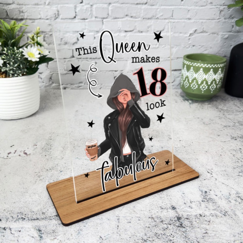 18th Birthday Gift Cool Dark Brown Hair Girl With Coffee Personalised Plaque – The Card Zoo