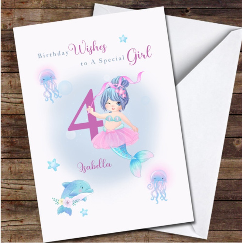 4th Girl Cute Mermaid Girl Any Age Personalised Birthday Card – The Card Zoo