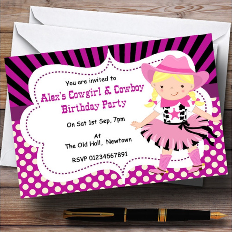 Cowgirl And Cowboy Pink Theme Personalised Birthday Party Invitations – The Card Zoo