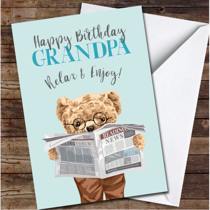 Grandpa Bear Newspaper Reading Relax Enjoy Blue Personalised Birthday Card – The Card Zoo