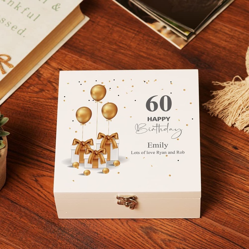 Personalised 60th Birthday Gift Keepsake Large Wooden Box Present Design.
