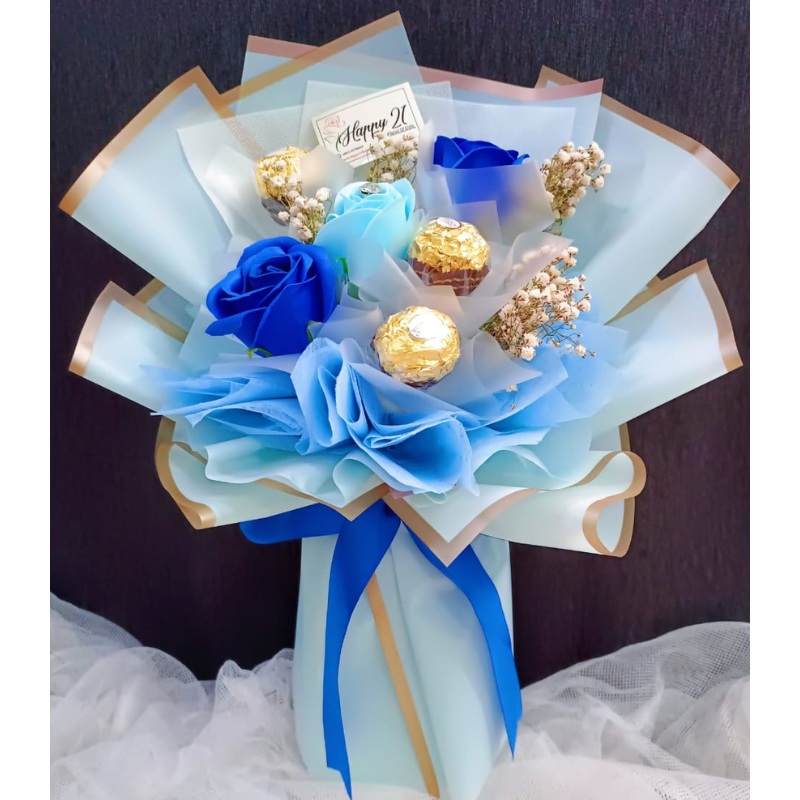 Blue Soap Roses With Ferrero Rocher Bouquet (Artificial Flower) | (Klang Valley Delivery Only)