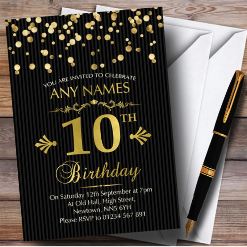 Gold Confetti Black Striped 10th Personalised Birthday Party Invitations – The Card Zoo