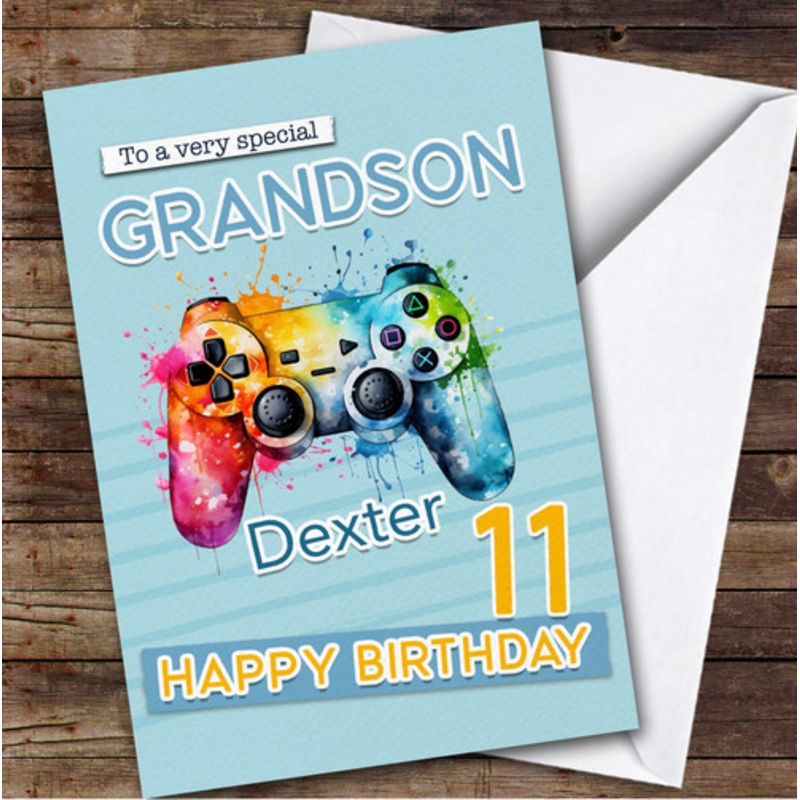 Grandson 11th Gamepad Splash Gamer Boys Custom Personalised Birthday Card – The Card Zoo