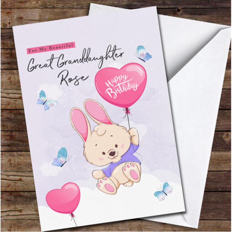 Great Granddaughter Cute Flying Bunny With Heart Balloon Any Text Birthday Card – The Card Zoo