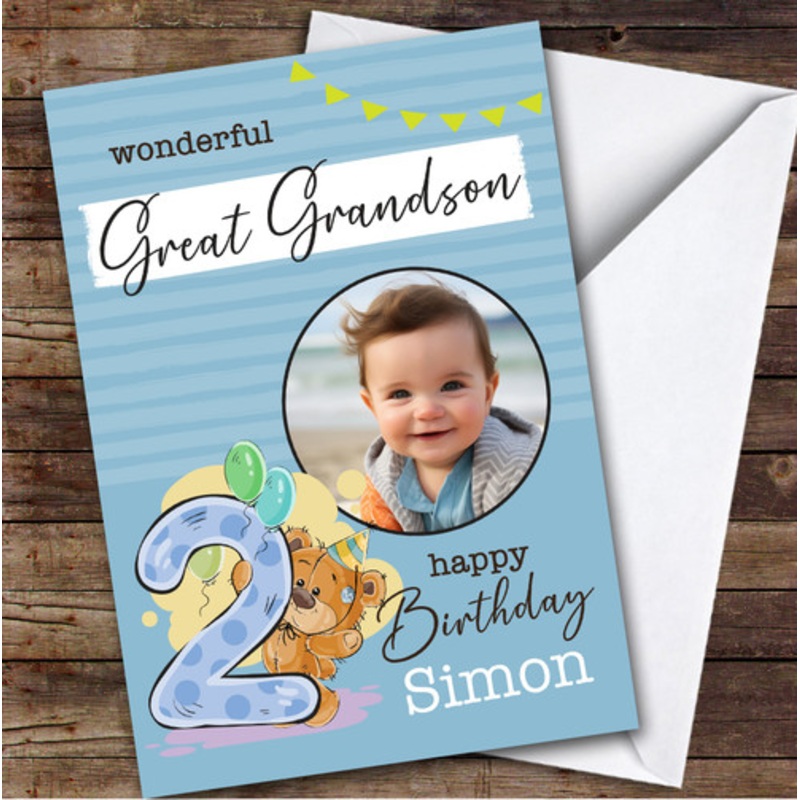 Great Grandson 2nd Blue Teddy Bear Photo Boys Custom Personalised Birthday Card – The Card Zoo