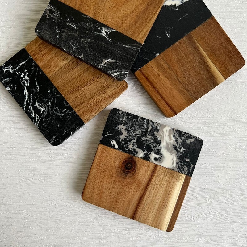 Personalised Black Marble Wood Coaster Set Square (Nationwide Delivery)