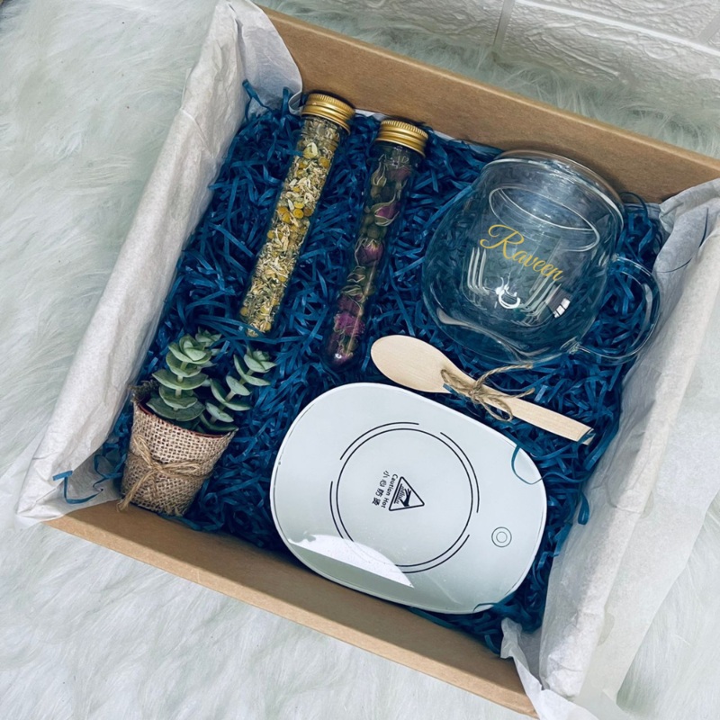 Personalised Glass Cup with removable filter, Constant Temperature Heater Warmer Pad, lovely succulent garden office plant, Flower tea tube Gift Set (Klang Valley Delivery)