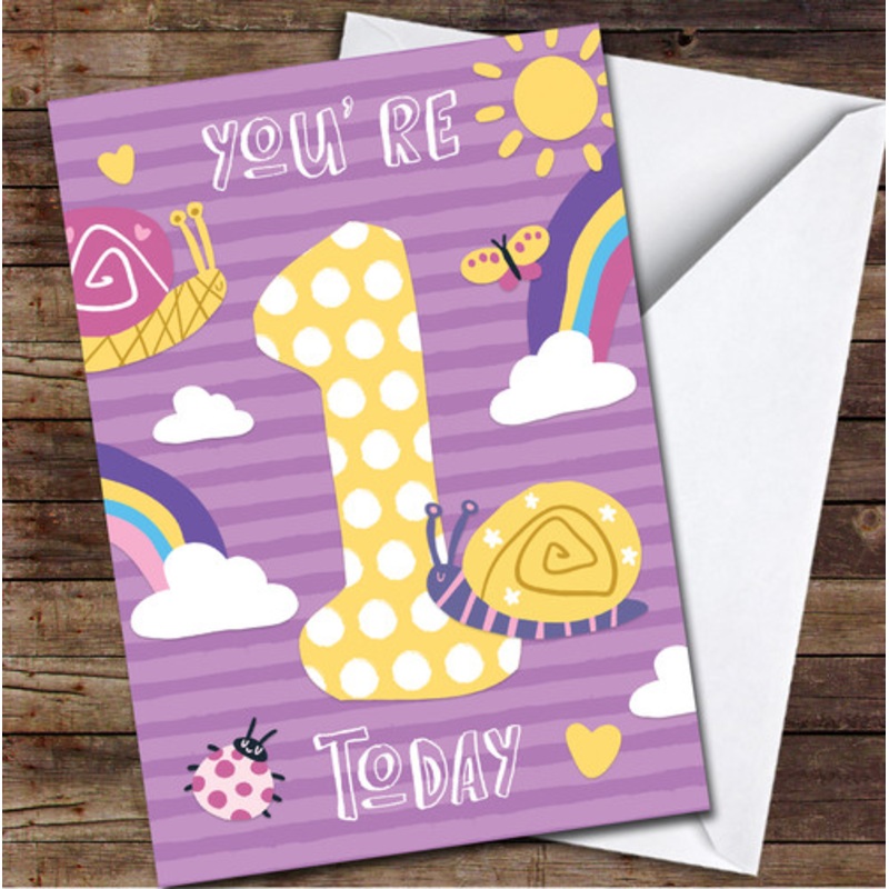 1st You’re 1 Today Girl Snail 1st First Any Age Personalised Birthday Card – The Card Zoo