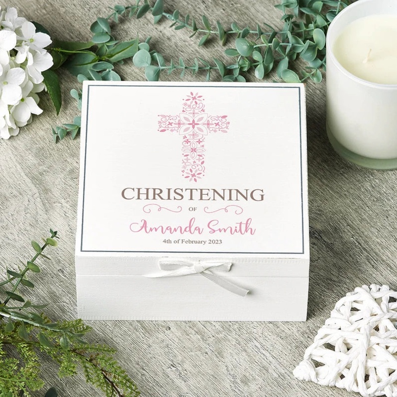 Personalised Christening Day Vintage Wooden Box Gift With Pink Cross