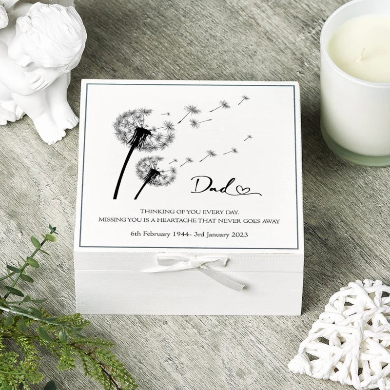 Personalised Dad Memorial Remembrance Vintage Wooden Keepsake Box With Dandelions