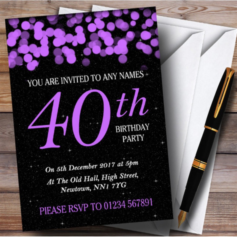 Purple Bokeh and Stars 40th Personalised Birthday Party Invitations – The Card Zoo