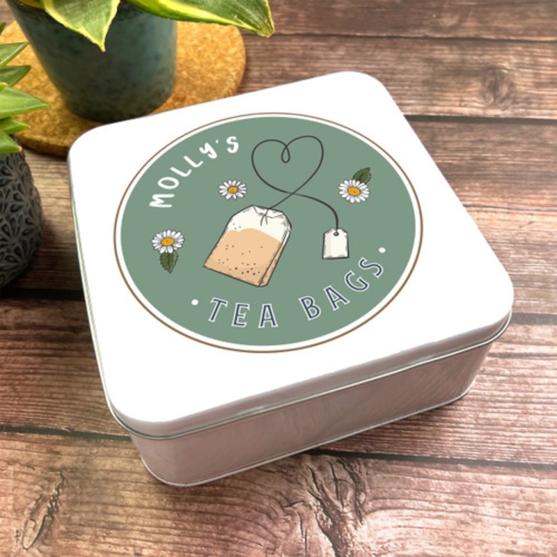 Square Tea Storage Daisies Cute Green Personalised Tea Bags Tin – The Card Zoo