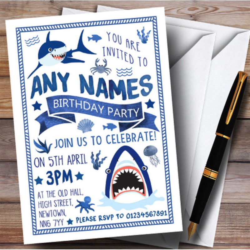 Blue and White Shark Under The Sea Children’s Birthday Party Invitations – The Card Zoo