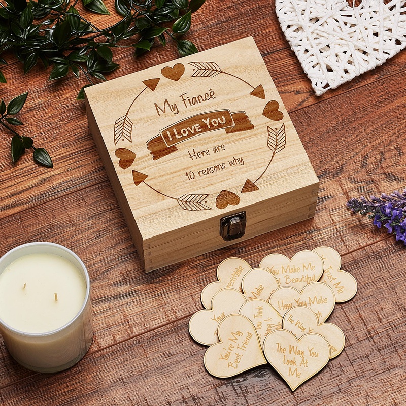 Fiance Gift 10 Reasons why I Love You Wooden Box and Hearts
