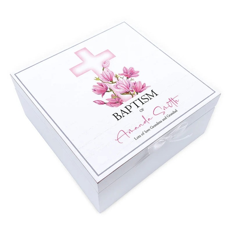 Personalised Baptism Vintage Wooden Box With Green Cross