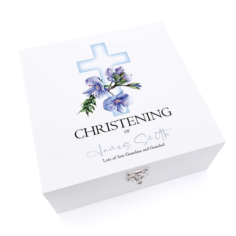 Personalised Christening Day Wooden Keepsake Memory Box With Blue Cross