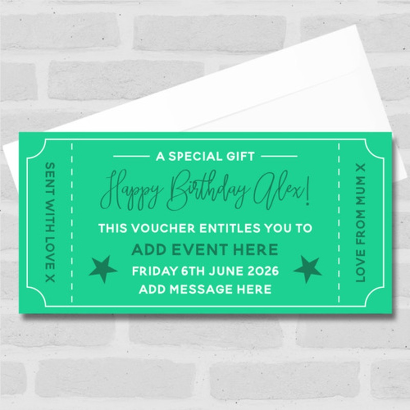 Happy Birthday Any Event Green Personalised Surprise Ticket Gift Voucher – The Card Zoo