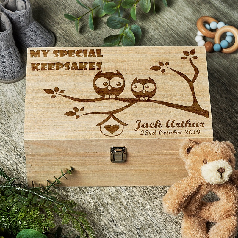 Large Wooden Personalised Owl Design Baby Memories Keepsake Box