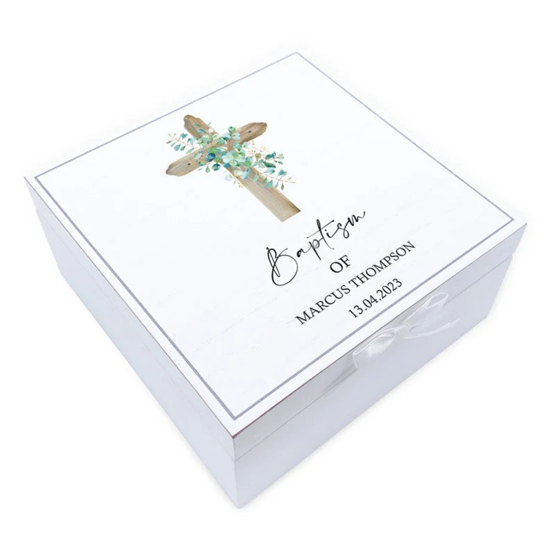 Personalised Baptism Vintage Wooden Box With Wood Cross