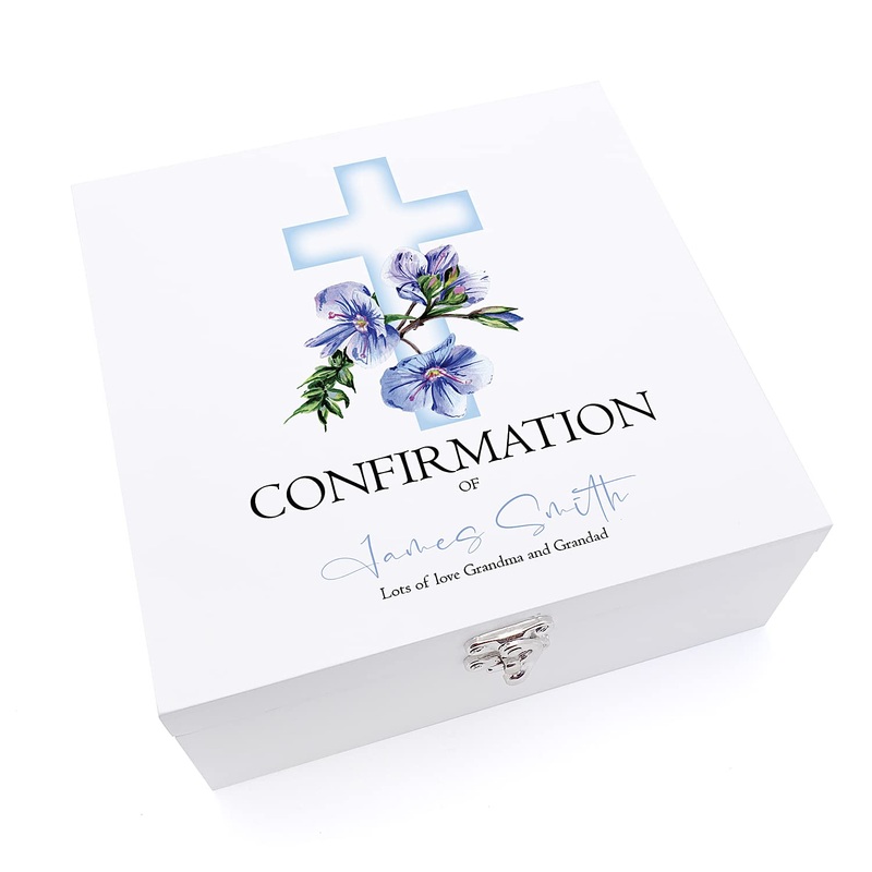 Personalised Confirmation Day Wooden Keepsake Memory Box With Blue Cross