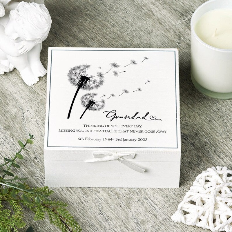 Personalised Grandad Memorial Remembrance Vintage Wooden Keepsake Box With Dandelions