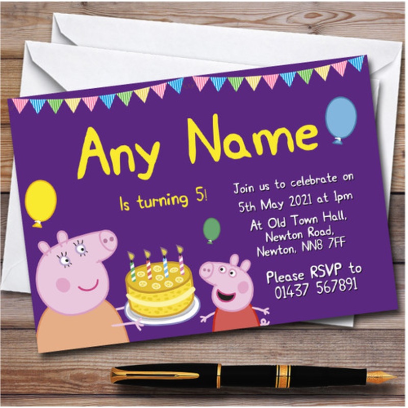 Purple Peppa Pig Personalised Children’s Kids Birthday Party Invitations – The Card Zoo