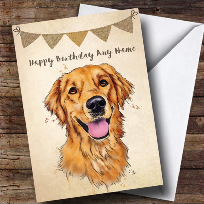 Vintage Burlap Bunting Dog Golden Retriever Personalised Birthday Card – The Card Zoo