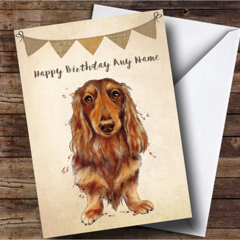 Vintage Burlap Bunting Dog Long Haired Dachshund Personalised Birthday Card – The Card Zoo