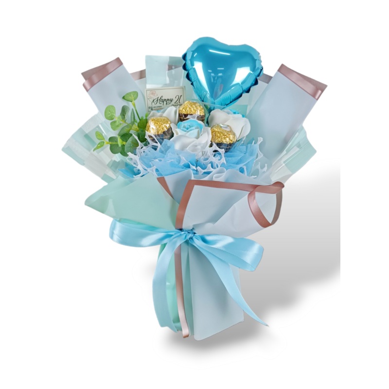White Spray Blue Soap Roses Ferrero Rocher Bouquet Artificial Flower (Klang Valley Delivery)