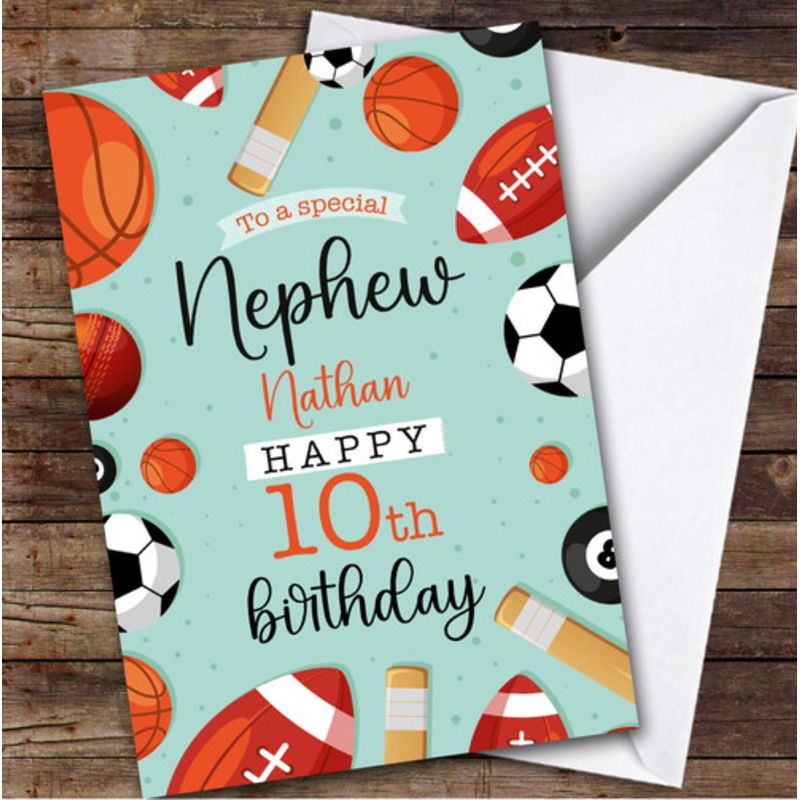 10th Nephew Sports Football Rugby Cricket Balls Boys Personalised Birthday Card – The Card Zoo