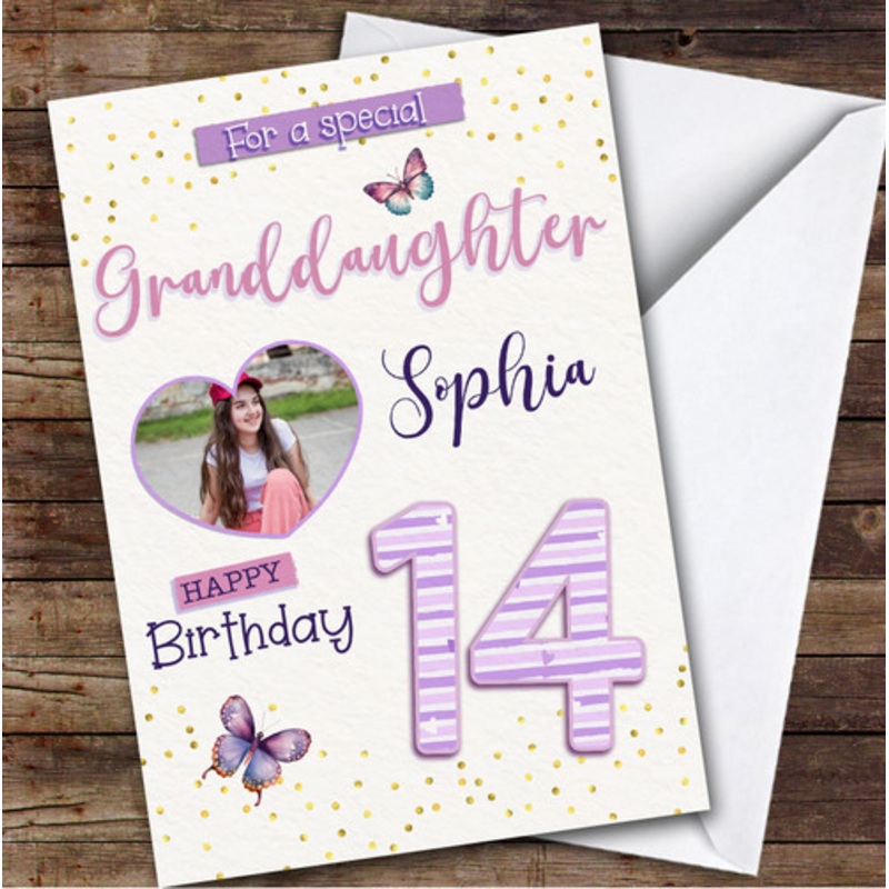 14th Granddaughter Butterflies Heart Photo Teenager Personalised Birthday Card – The Card Zoo