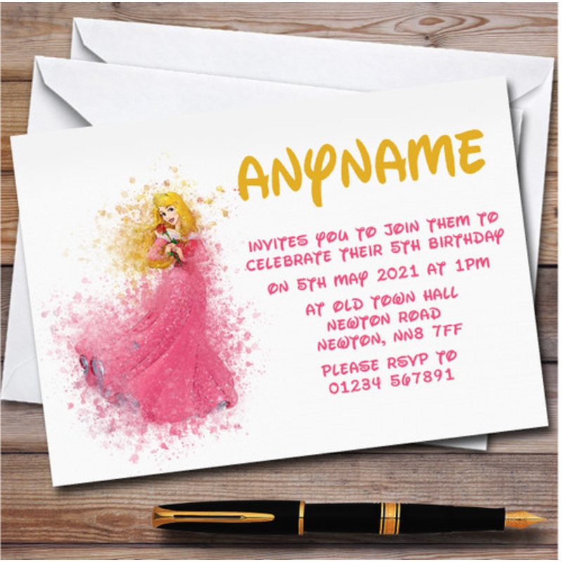 Aurora Princess Watercolour Splatter Children’s Birthday Party Invitations – The Card Zoo