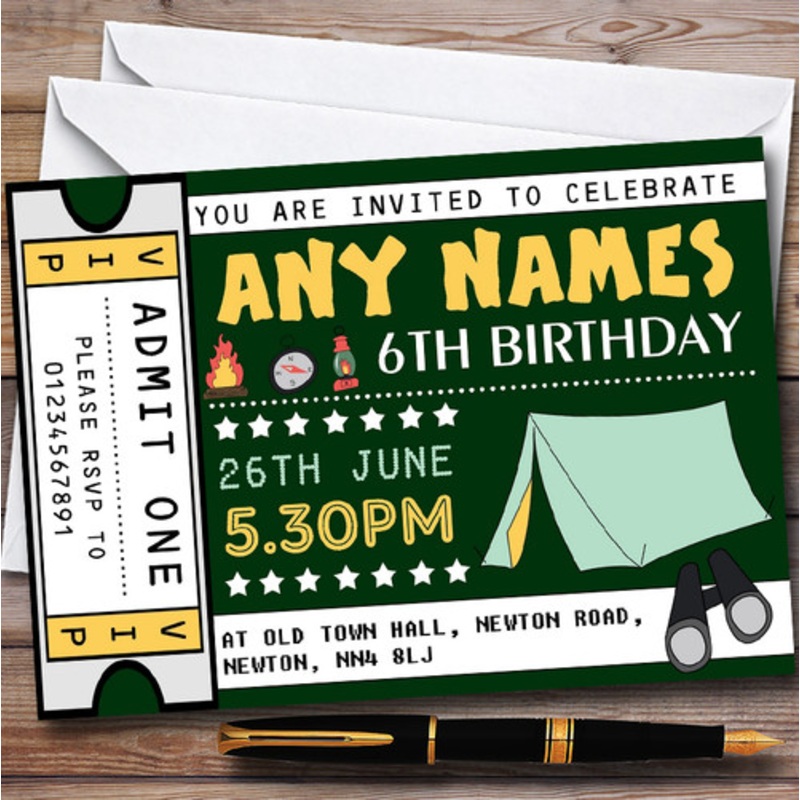 Green Camping Ticket Personalised Children’s Birthday Party Invitations – The Card Zoo
