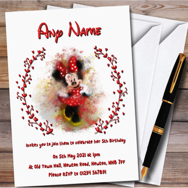Minnie Mouse Watercolour Splatter Children’s Birthday Party Invitations – The Card Zoo