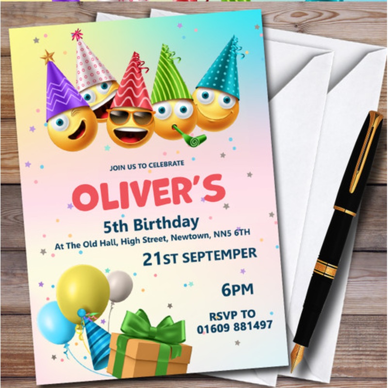 Party Hat Emoticons Personalised Children’s Kids Birthday Party Invitations – The Card Zoo