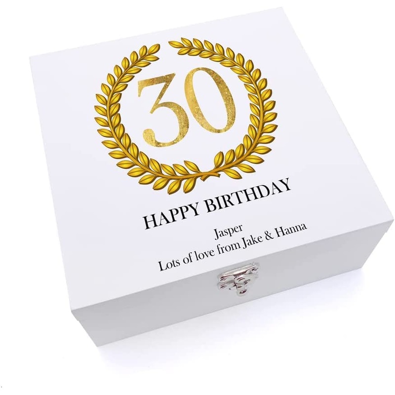 Personalised 30th Birthday Gift for Him Keepsake Large Wooden Box Gold Wreath Design