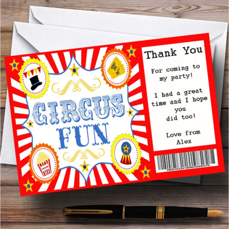 Red Circus Ticket Personalised Birthday Party Thank You Cards – The Card Zoo