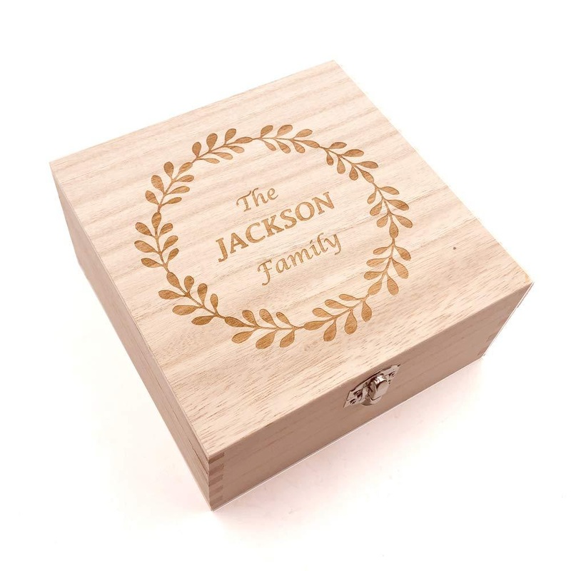 Engraved Wooden Wreath Design Keepsake Box or Photo Box Gift