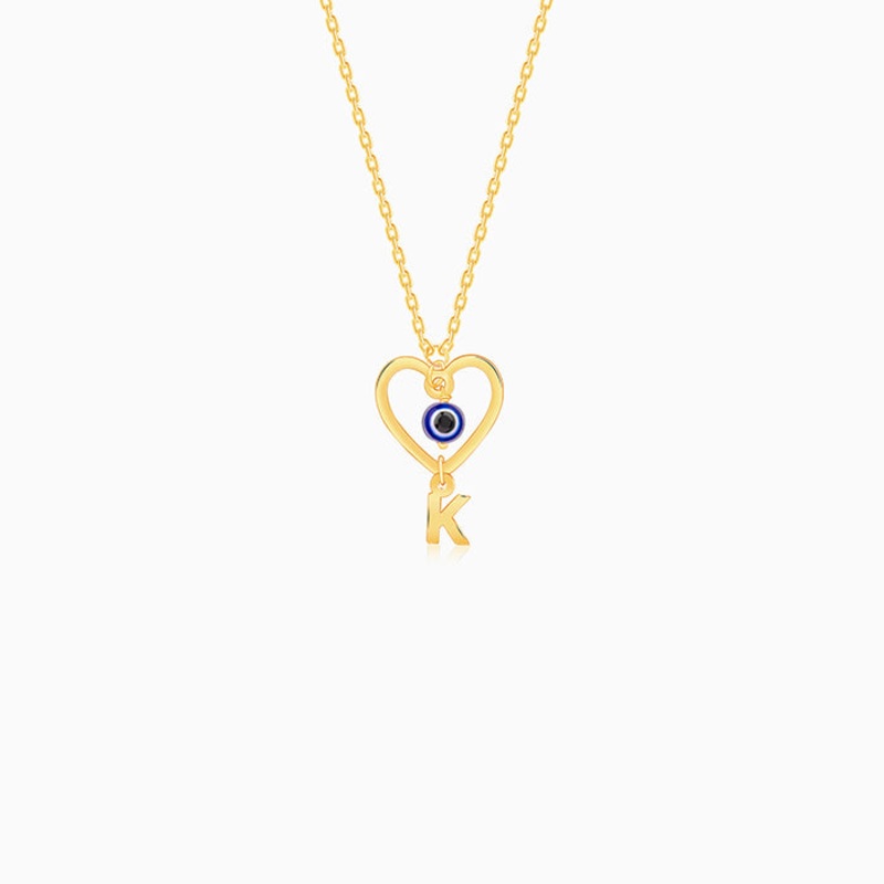 Golden Personalised Evil Eye Heart Initial Pendant