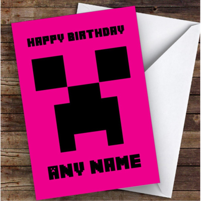 Minecraft Creeper Hot Pink Children’s Kids Personalised Birthday Card – The Card Zoo