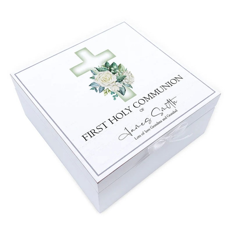 Personalised Communion Vintage Wooden Box With Green Cross