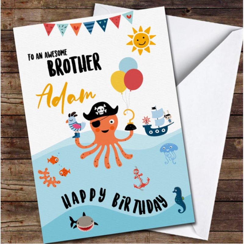 Pirate Octopus Awesome Brother Balloons Happy Personalised Birthday Card – The Card Zoo