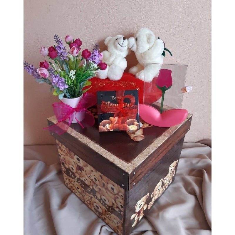 Sneaky Kisses Love Teddy Bear with Mini Artificial Flower Bouquet, Chocolate, 4R Photo Frame in a Printed Gift Box (Klang Valley Delivery)